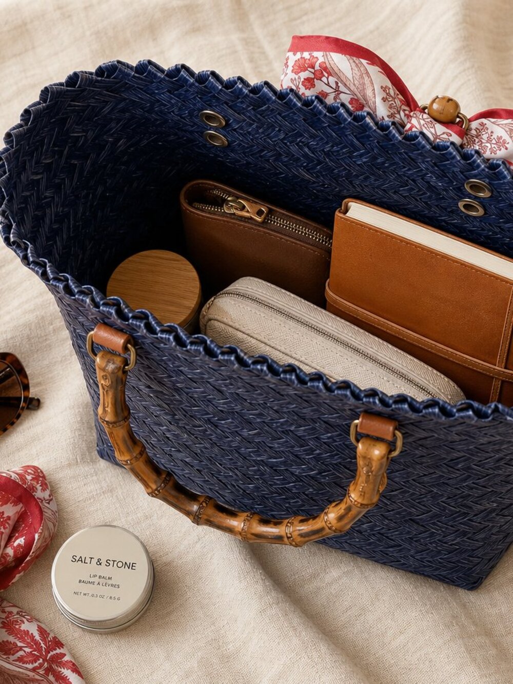 NWT Handwoven Navy Basket Tote Bag | Faux Bamboo Handle + Scarf - Picture 9 of 16